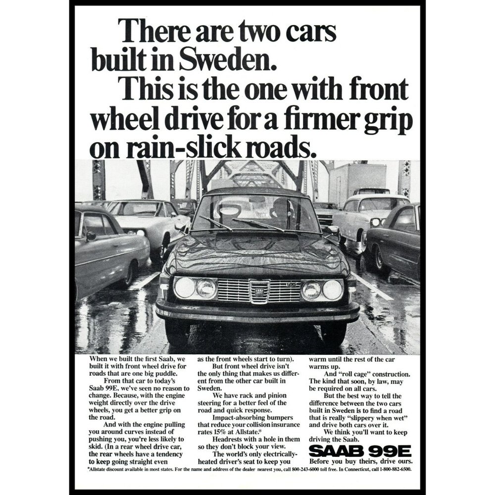 1972 Saab 99E Sweden Vintage Print Ad Cars on Bridge Traffic City Wall Decor